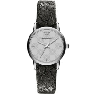 Emporio Armani AR1814 women's watch with silver dial and charcoal patterned leather strap