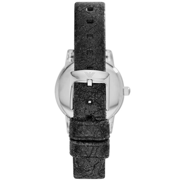 Emporio Armani AR1814 watch caseback showing silver case and charcoal leather strap