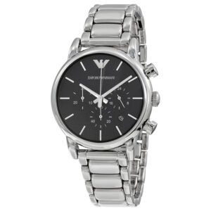 Emporio Armani AR1853 chronograph watch with black dial and silver stainless steel bracelet