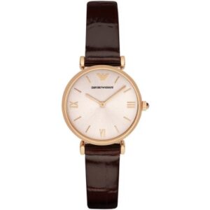 Emporio Armani AR1911 watch with rose gold case, cream dial, and brown leather strap