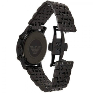 Caseback view of Emporio Armani AR1934 showing Emporio Armani logo and black steel bracelet