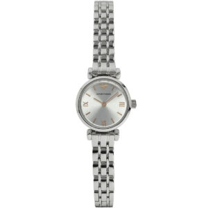 Emporio Armani Gianni T-Bar Mini women's watch worn on wrist showing silver dial