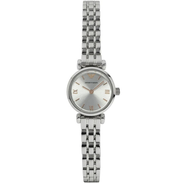 Emporio Armani Gianni T-Bar Mini women's watch worn on wrist showing silver dial
