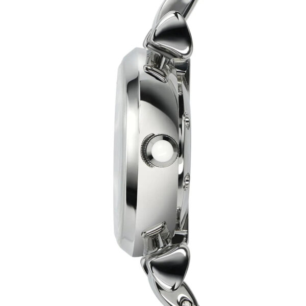 Side view of Emporio Armani Gianni T-Bar Mini watch case and crown