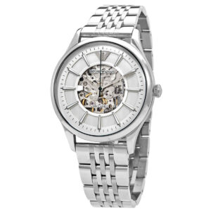 Emporio Armani AR1945 automatic dress watch with silver skeleton dial and steel bracelet