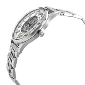 Side angle view of Emporio Armani AR1945 watch showing case profile and steel bracelet