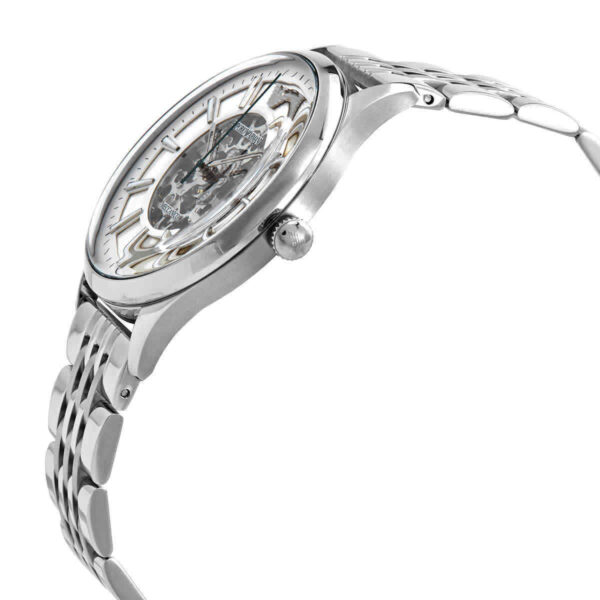 Side angle view of Emporio Armani AR1945 watch showing case profile and steel bracelet