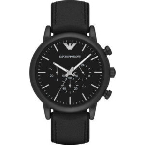 Emporio Armani AR1970 chronograph watch with black dial and leather strap