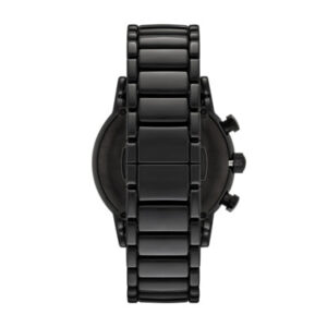 Emporio Armani AR1973 watch with black metal bracelet and chronograph pushers viewed from above