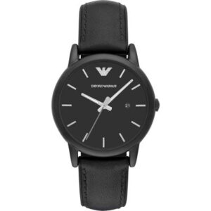 Emporio Armani AR1973 black watch with round dial, leather strap, and date window