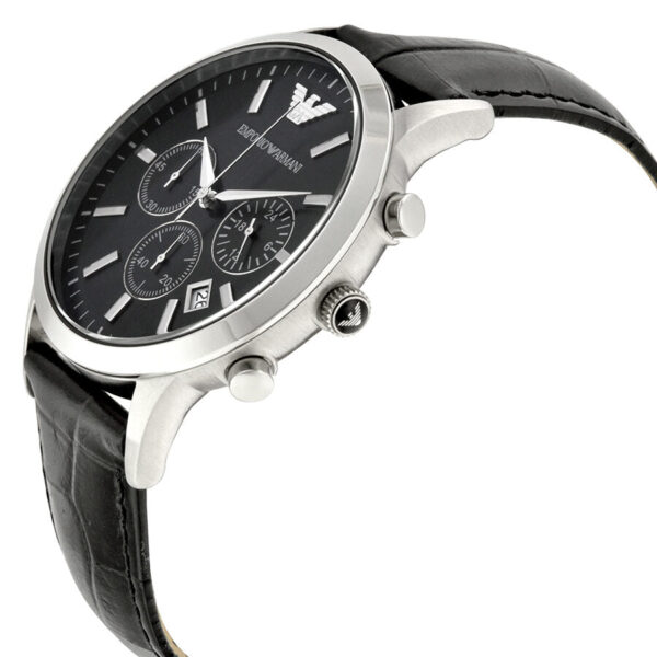 Side profile view of Emporio Armani AR2447 watch showing chronograph subdials and leather strap