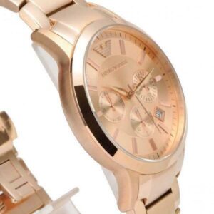 Close-up of chronograph dial with rose gold finish, three subdials, and Emporio Armani branding