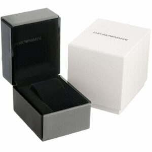 Emporio Armani watch packaging with black watch box and white exterior box