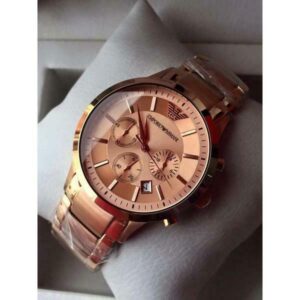 Rose gold chronograph watch worn on wrist showing full dial and bracelet