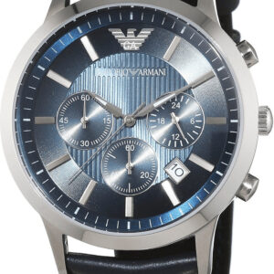 Emporio Armani AR2473 three-dial chronograph watch on black perforated leather strap, angled view