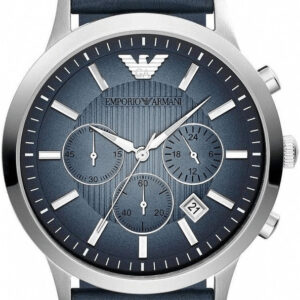 Emporio Armani AR2473 chronograph watch with blue dial and silver case on blue perforated strap