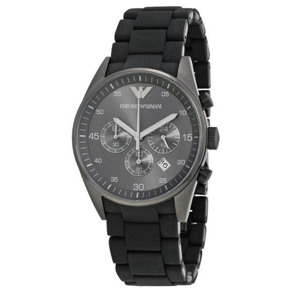 Emporio Armani Sport Chronograph black dial watch with black rubber strap, three chronograph subdials visible