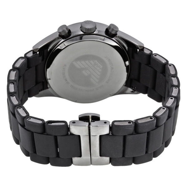 Emporio Armani AR5889 Sport Chronograph caseback showing stainless steel case back and black rubber strap