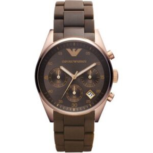 Emporio Armani AR5891 chronograph watch with dark brown dial, rose gold bezel, and brown rubber strap
