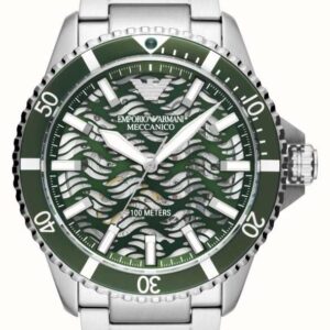 Emporio Armani AR60061 automatic skeleton dial diver watch with green bezel and silver stainless steel bracelet