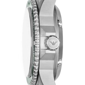 Side profile of Emporio Armani AR60061 showing case thickness, crown, and silver bracelet