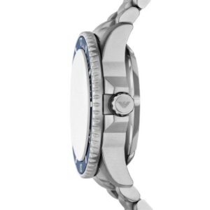 Side profile of Emporio Armani Sea Explorer AR60090 watch showing case thickness and bezel design