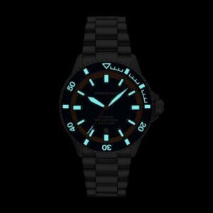 Close-up of Emporio Armani Sea Explorer AR60090 dial showing luminous hands and hour markers