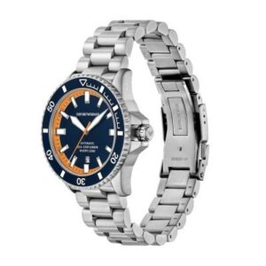 Emporio Armani Sea Explorer AR60090 watch shown from angle with full stainless steel bracelet visible