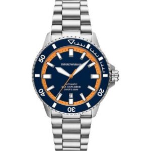 Emporio Armani Sea Explorer AR60090 automatic watch with navy dial, orange accents, stainless steel case and bracelet