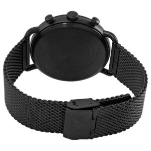 Back view of Emporio Armani Aviator watch showing caseback and black mesh bracelet with fold clasp