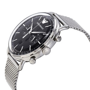 Emporio Armani Aviator Chronograph watch angled view showing black dial and silver mesh band