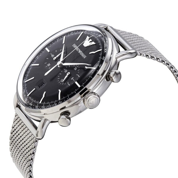 Emporio Armani Aviator Chronograph watch angled view showing black dial and silver mesh band
