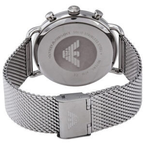 Emporio Armani Aviator Chronograph case back showing stainless steel construction and logo