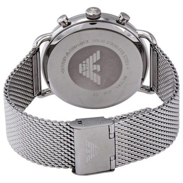 Emporio Armani Aviator Chronograph case back showing stainless steel construction and logo