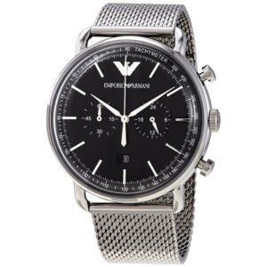 Emporio Armani Aviator Chronograph black dial watch with silver mesh strap and chronograph subdials