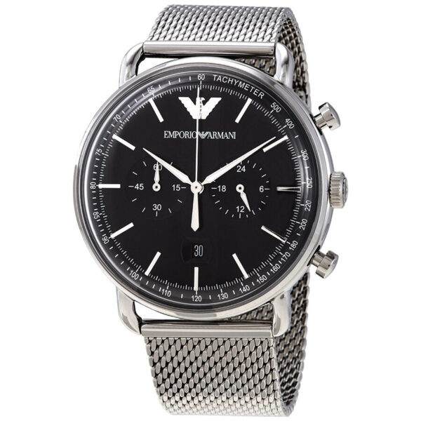Emporio Armani Aviator Chronograph black dial watch with silver mesh strap and chronograph subdials