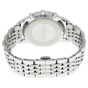 Caseback of Emporio Armani Beta chronograph watch showing stainless steel bracelet