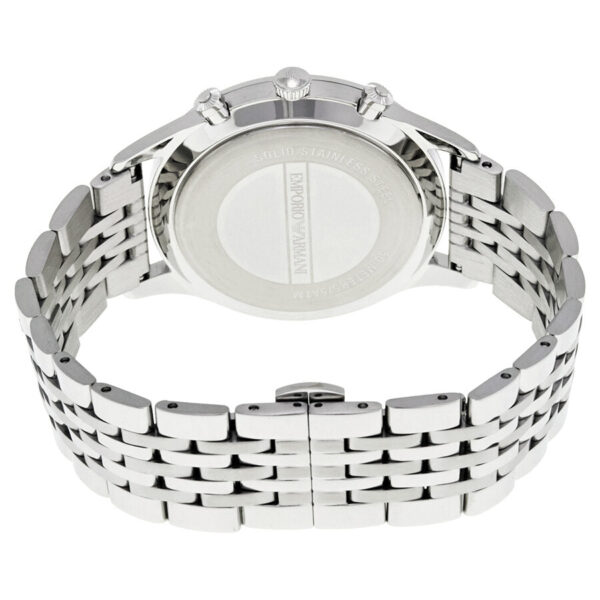 Caseback of Emporio Armani Beta chronograph watch showing stainless steel bracelet