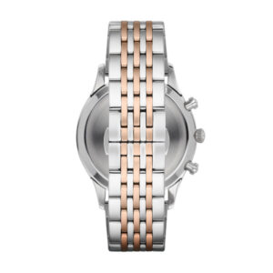 Two-tone stainless steel bracelet and case back of Emporio Armani Beta chronograph watch