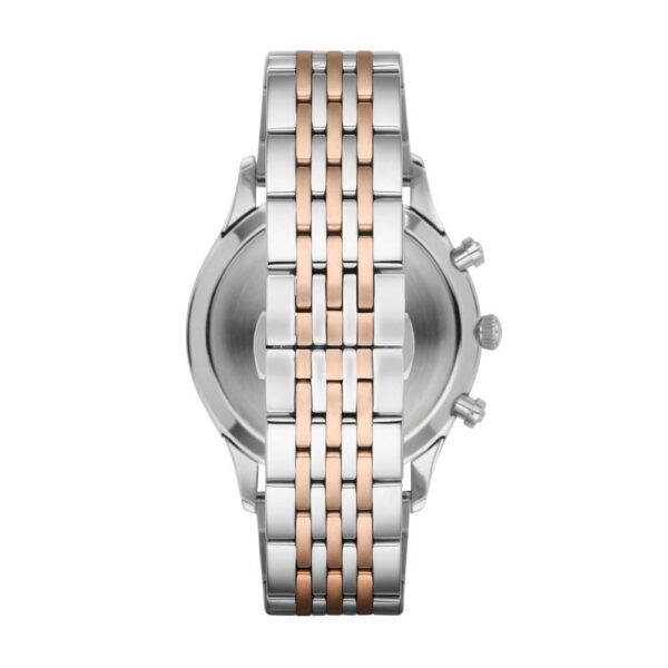 Two-tone stainless steel bracelet and case back of Emporio Armani Beta chronograph watch