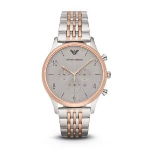 Emporio Armani Beta chronograph watch with grey dial and two-tone bracelet, front view