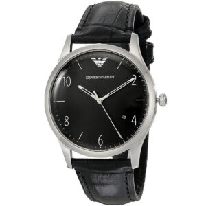 Emporio Armani Beta AR1865 watch three-quarter view showing silver case and crocodile-embossed leather strap