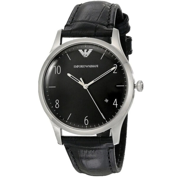 Emporio Armani Beta AR1865 watch three-quarter view showing silver case and crocodile-embossed leather strap