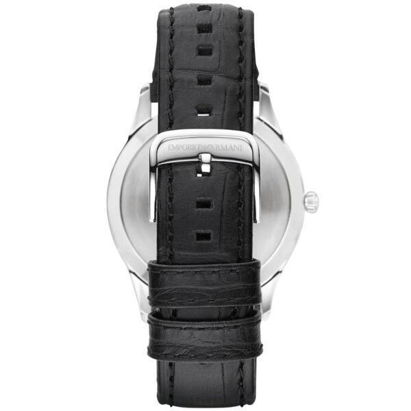 Emporio Armani Beta AR1865 case back showing silver stainless steel with engraved eagle logo