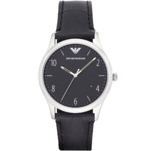 Emporio Armani Beta AR1865 men's watch with silver case and black dial on black leather strap