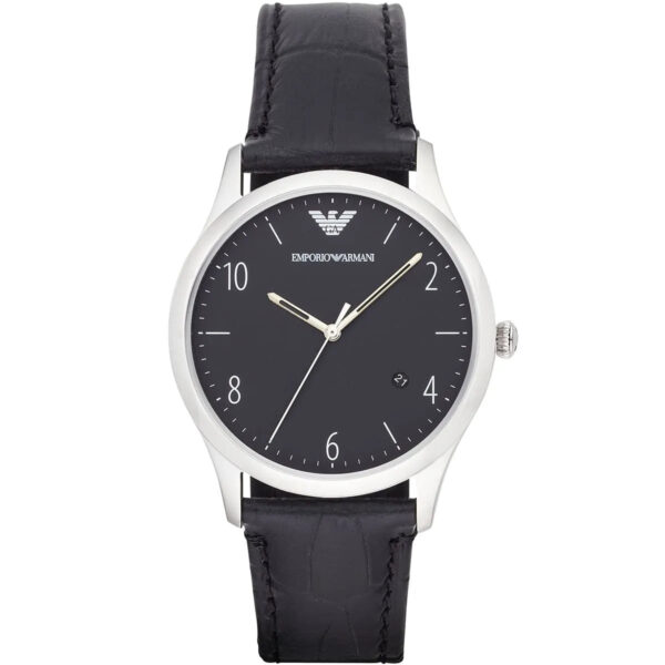 Emporio Armani Beta AR1865 men's watch with silver case and black dial on black leather strap