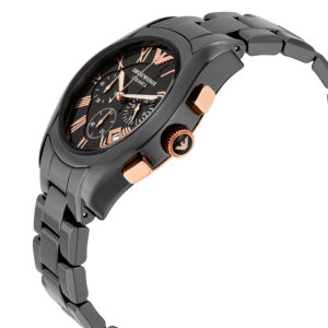 Side angle view of Emporio Armani Ceramica chronograph with black ceramic case, rose gold pushers, and ceramic bracelet