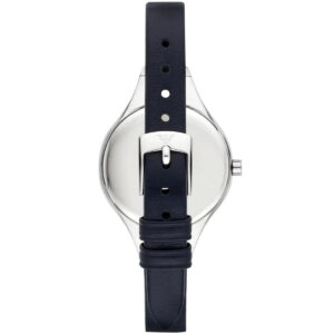 Emporio Armani Chiara AR7429 watch viewed from back showing dial and black leather strap