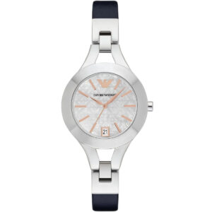 Emporio Armani Chiara silver women's watch with white dial and black leather strap