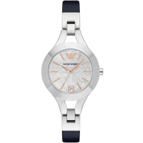 Emporio Armani Chiara silver women's watch with white dial and black leather strap
